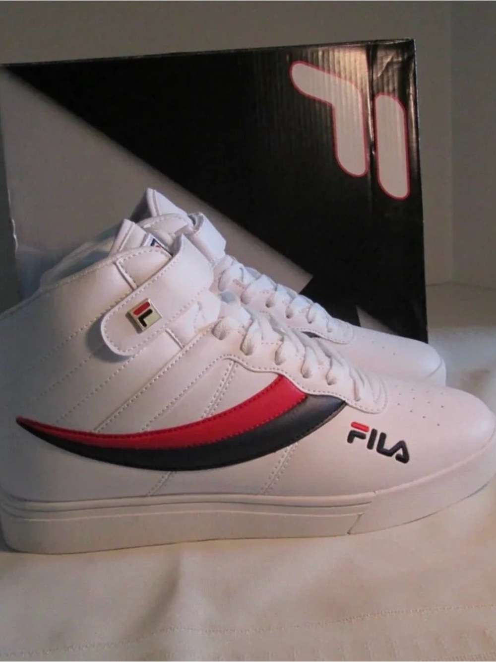 FILA White High-Top Sneakers with Red & Black Accents